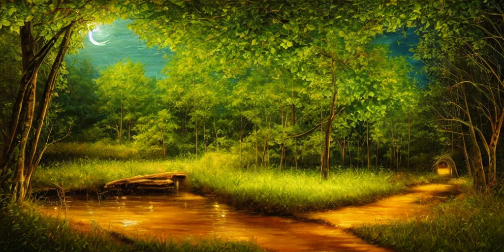 Image similar to nighttime nature landscape, lush, rich greenery, oil painting, ultra realistic, intricate, highly detailed, hd, sharp focus, warm colors, realistic, vivid colors, painting, non blurry, sharp, smooth, illustration