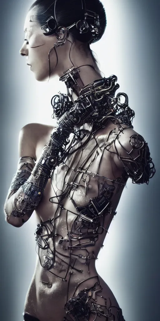 Image similar to hyperrealistic futuristic high fashion photography, girl in studio, full body, cybernetic parts by luis royo, asian, vogue magazine, nomad masterpiece, nano parts, neon lights, smoke, eerie music, beautiful intricate face and flawless skin, tribal jewelry, tattoos, perfect hands, head piece, by Edgar Maxence and Ross Tran and Michael Whelan, 8k, octane render