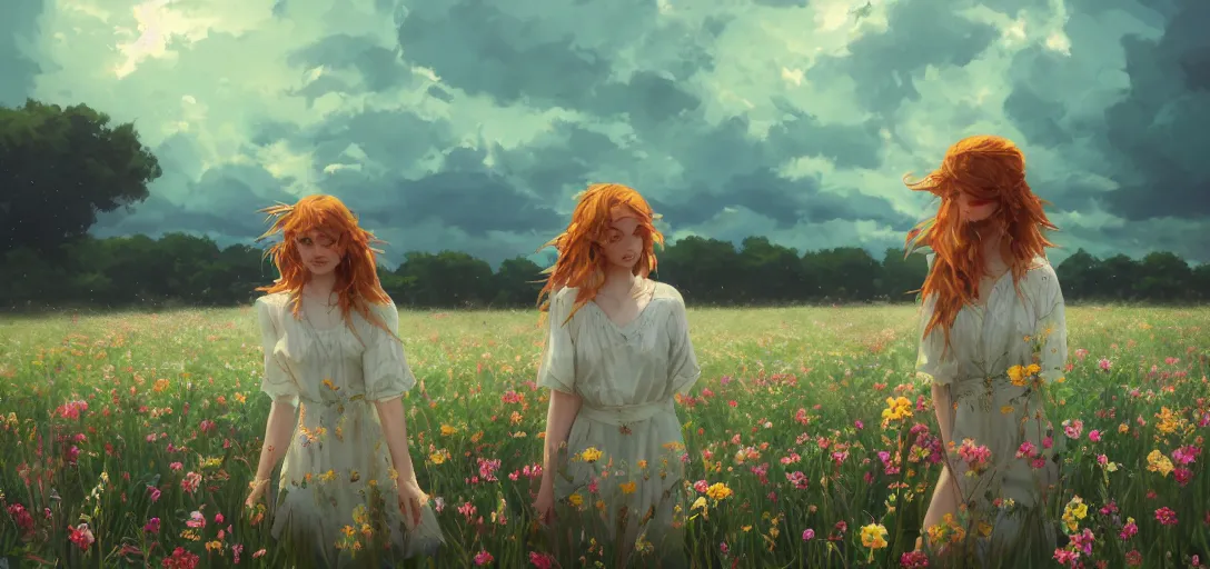 Prompt: a beautiful southern woman named Savannah, innocent, somber turquoise eyes, freckles, long ginger hair tied with white ribbon, relaxed in a field of flowers on a farm, gentle lighting, storm in the distance, western clothing, dress, digital art by Makoto Shinkai ilya kuvshinov and Wojtek Fus, digital art, concept art,