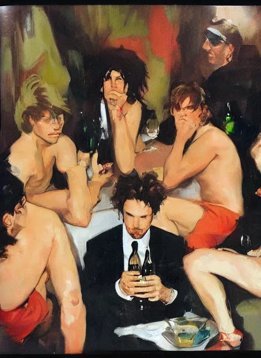 Image similar to polaroid of a glam rocker drinking brutal and raw wine with his friends by joaquin sorolla, phil hale, greek style, ultra detailed