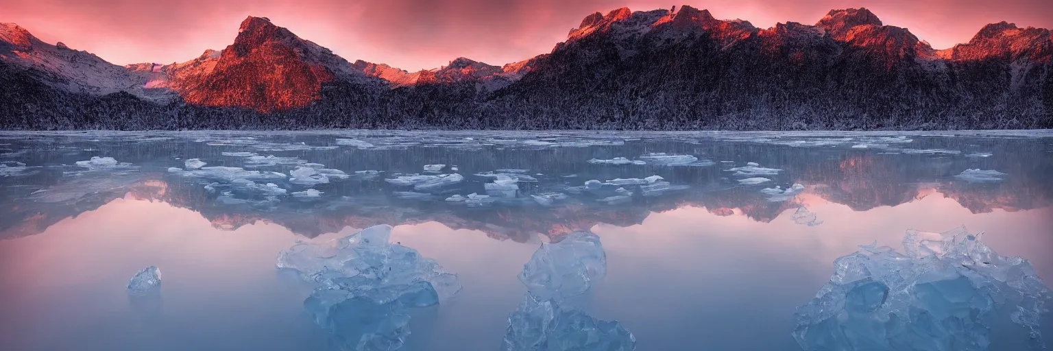 Image similar to amazing landscape photo of a Frozen Giant stuck under the ice transparent frozen lake at sunset by marc adamus beautiful dramatic lighting