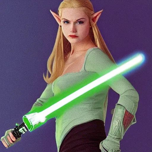 Prompt: zelda wielding green lightsaber