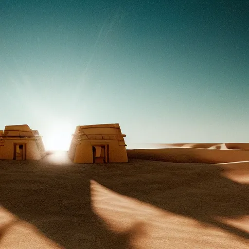 Image similar to a village in the desert, white houses, two suns, star wars style