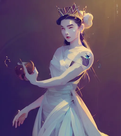 Image similar to portrait of a beautiful female immortal queen in complex and shiny dress 汉 服 by atey ghailan, by greg rutkowski, by greg tocchini, by james gilleard, by joe fenton, by kaethe butcher, dynamic lighting, gradient light blue, brown, blonde cream and white color scheme, grunge aesthetic