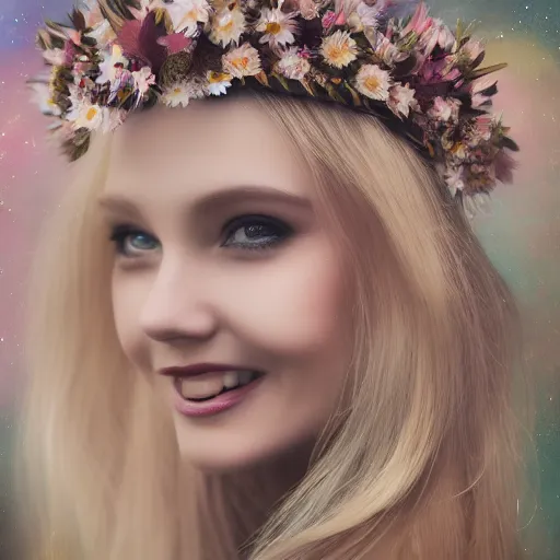 Image similar to close-up of a smiling beautiful female, blonde,, wearing a crown of daisies, beautiful happy face, ethereal, starry, space, magical atmosphere, maximalist, cinematic lighting, cinematic atmosphere, trending on artstation, cgsociety, 8k, high resolution, in the style of Faiza Maghni, David Ligare, Flora Borsi, Daniel Gerhartz,