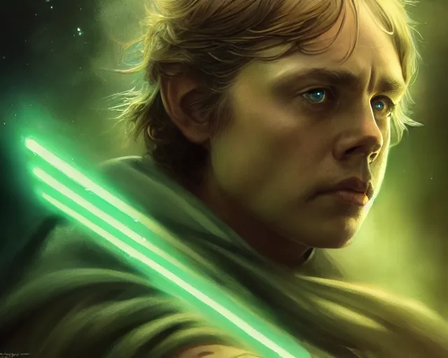 Image similar to photography of luke skywalker, deep focus, science fiction, star wars, green mist, intricate, elegant, highly detailed, digital painting, artstation, concept art, matte, sharp focus, illustration, art by artgerm and greg rutkowski and alphonse mucha