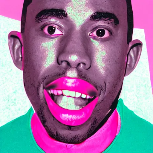 Image similar to greyscale magazine cutout of Tyler the Creator pasted on a pink background