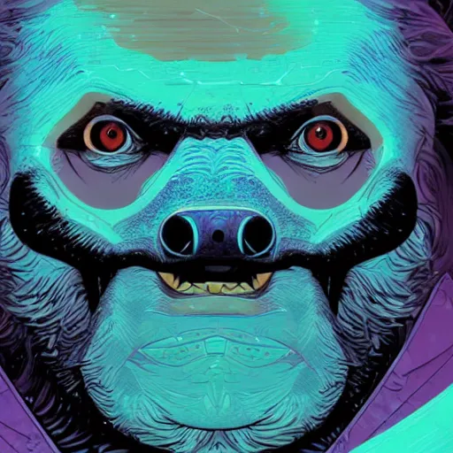 Image similar to sloth as defcon character, digital illustration portrait design, by android jones and greg rutkowski, retrowave color scheme, detailed, cinematic lighting, wide angle action dynamic portrait