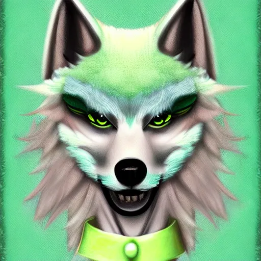 Prompt: Beautiful digital painting of an anthro anthropomorphic pastel-green androgynous wolf, Punk outfit. cute