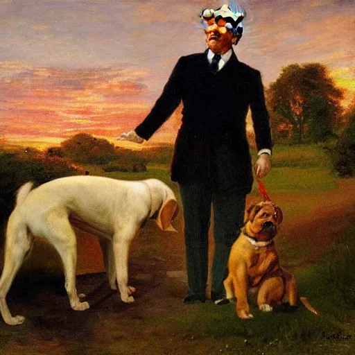 Prompt: a dog at sunset vomiting on Donald Trump, in a garden by Peder Krøyer, golden hour