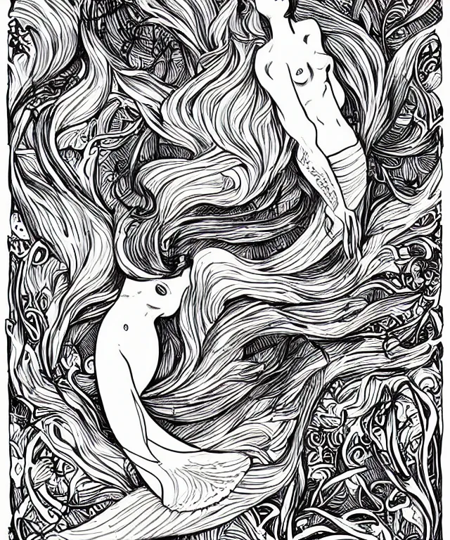 Image similar to black and white illustration, beautiful mermaid