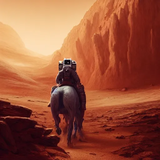 Image similar to portrait of the astronaut riding a horse in Mars, realistic character concept, high fantasy, light atmosphere, golden ratio, cinematic lighting, hyperdetailed, high resolution, insanely detailed and intricate, artstation, Marc Simonetti, Greg Rutkowski, octane render, unreal engine, 8k