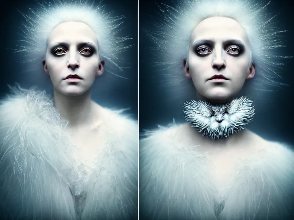 Prompt: kodak portra 4 0 0 fine art portrait by paolo roversi of a dystopian woman hybrid white owl in a scenic dystopian environment, white hair floating in air, twilight, dreamy, elegant, highly detailed, digital art, artstation, smooth, sharp focus, tomasz alen kopera, donato giancola, matt colors