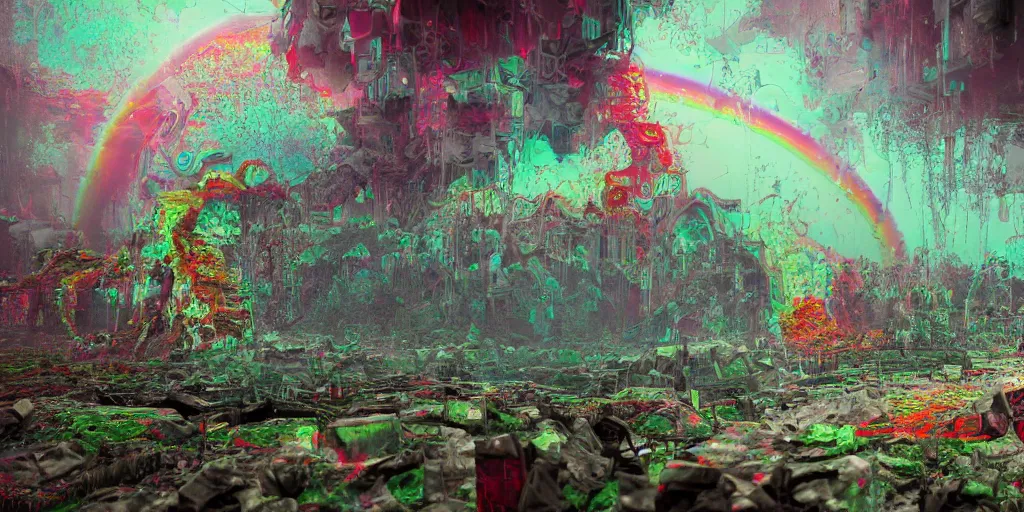 Prompt: ruination, infiltration ruination, deprivation outright annexation, landscape, intricate complexity, horror, rainbow drip paint, psychedelic glitch art, trending on art station, photoreal, 8 k, octane render