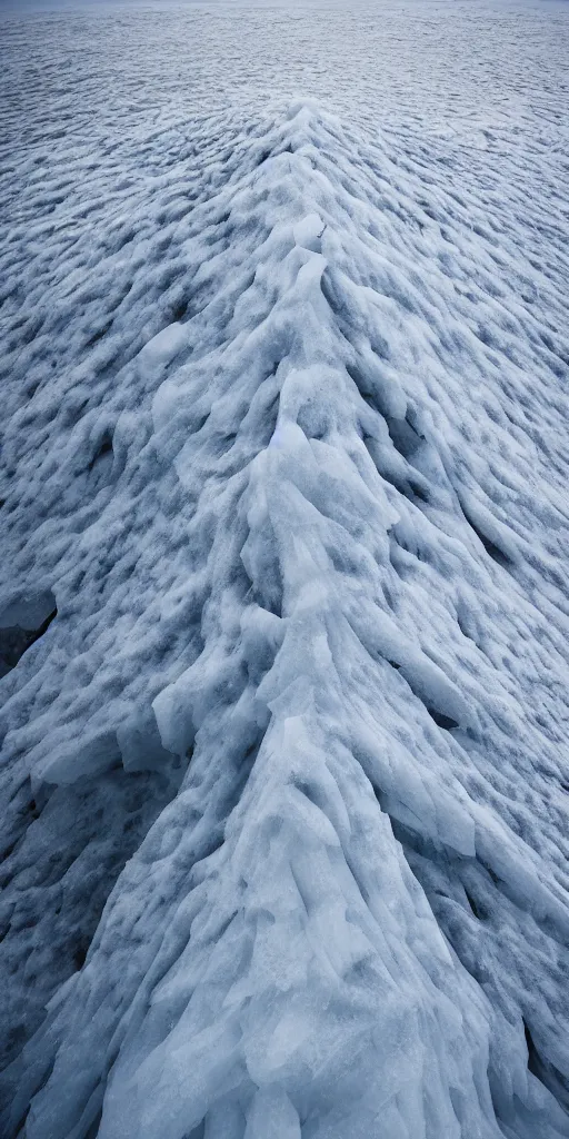 Image similar to a frozen canyon, minimalist structure, covered in ice, in the style of reuben wu, roger deakins