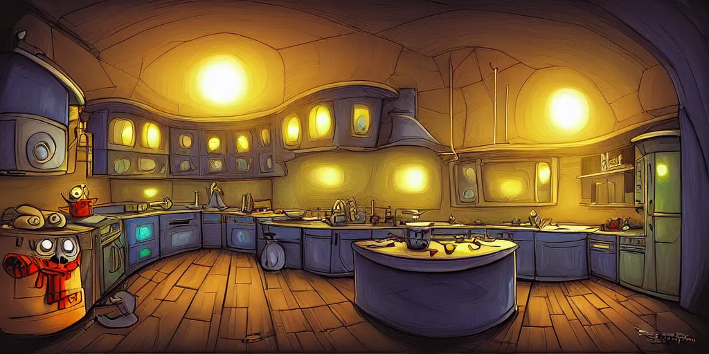 Prompt: curved perspective digital art of a dark kitchen without windows from Tim Burtons Nightmare Before Christmas by Petros Afshar