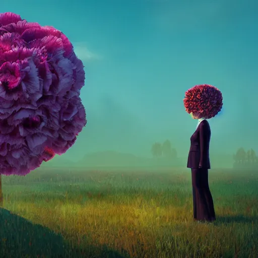 Image similar to giant carnation flower head, frontal, girl in a suit, surreal photography, sunrise, dramatic light, impressionist painting, digital painting, artstation, simon stalenhag