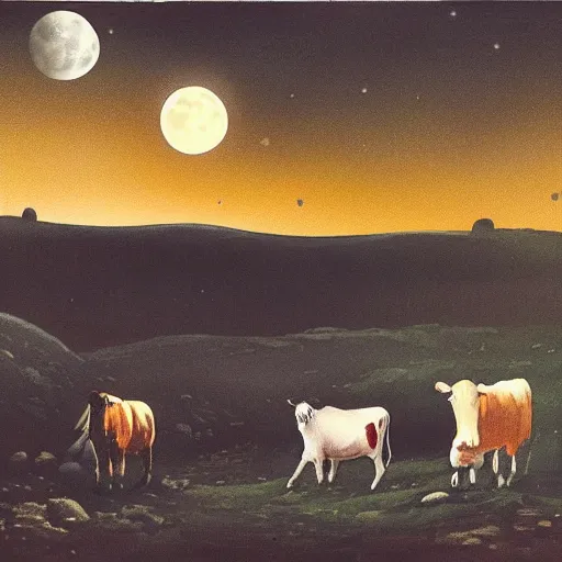 Image similar to cows on the moon, moonlight,