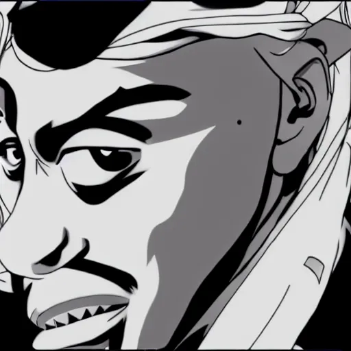 Image similar to Tupac Shakur, screenshot from a 2012s anime