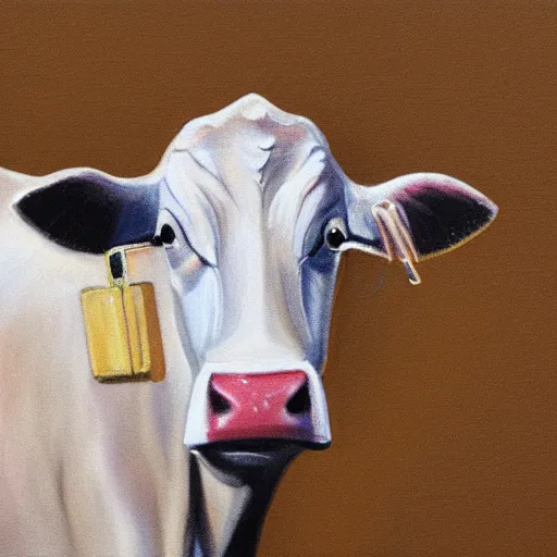 Prompt: a holy cow talking on the phone, photorealism