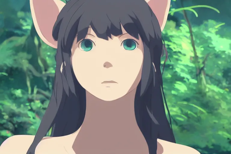 Image similar to female mage with cat ears in a jungle, detailed attractive face, fantasy art, anime style, by makoto shinkai, by studio ghibli, atmospheric, vector art, 4 k film still, close up portrait