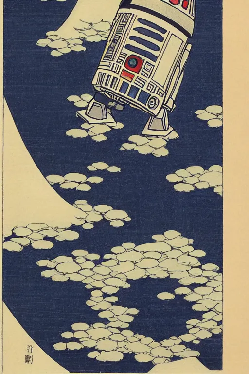 Image similar to Japanese woodblock print of r2d2, hokusai