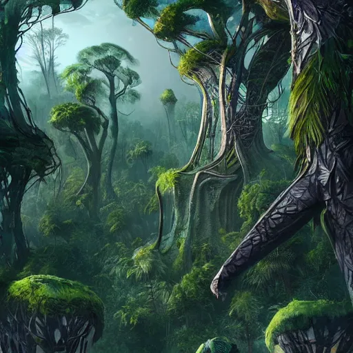 Prompt: giant tree creatures building a city in the middle of the jungle ,style by dylan cole, digital art, matte painting, artstation, concept art