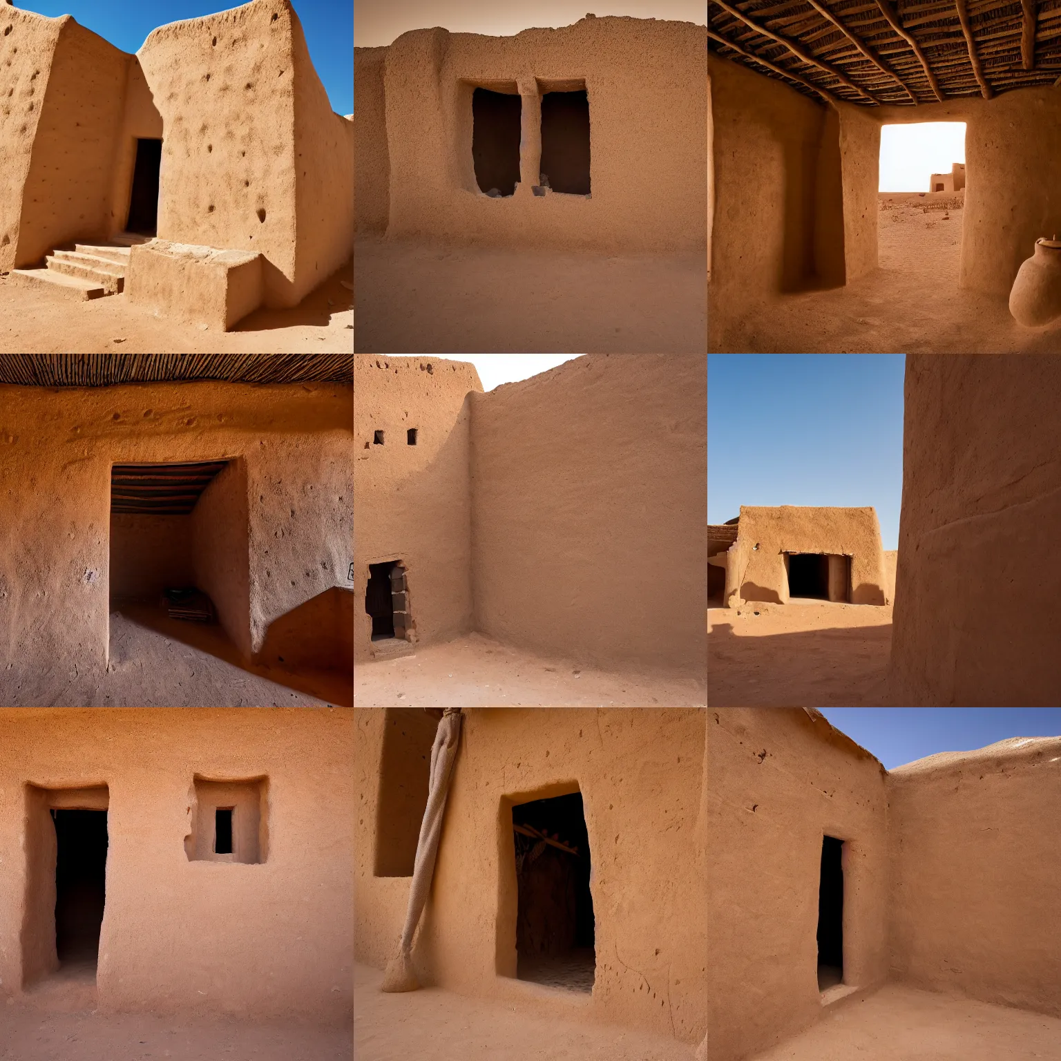 Prompt: High-quality photography of an old West African house made of mud bricks, Timbuktu, Canon TS-E 17mm, National Geographic