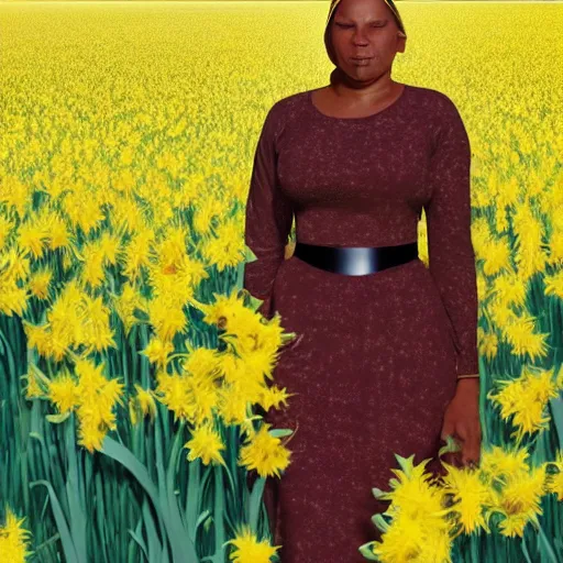 Image similar to a digital painting high resolution hypereealistic of a nubian woman wearing an astronaut standing in an open field of yellow daffodils