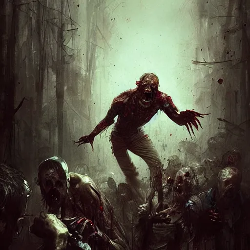 Image similar to of a men being eaten by zombie the man is screaming a bloody image by greg rutkowski