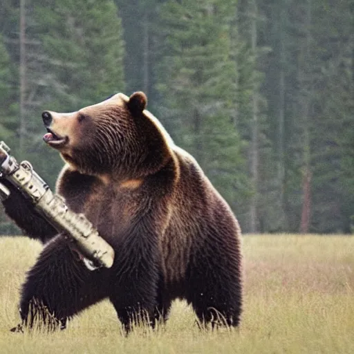 Prompt: grizzly bear holding a mounted minigun