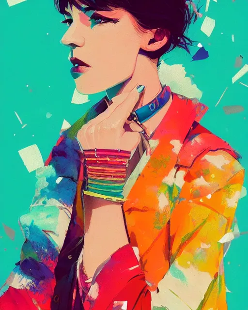 Image similar to an ultradetailed beautiful painting of a stylish woman with colorful bands, concert poster, retro, conrad roset, greg rutkowski, makoto shinkai