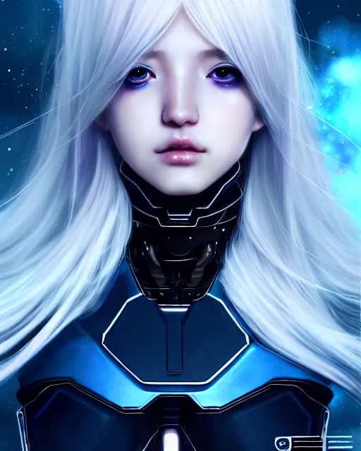 Prompt: perfect android girl family, full body character design, warframe armor, beautiful face, scifi, futuristic, galaxy, nebula, bae suzy, dreamy, long white hair!!!, blue cyborg eyes, sharp focus, cinematic lighting, highly detailed, artstation, divine, by gauthier leblanc, kazuya takahashi, huifeng huang