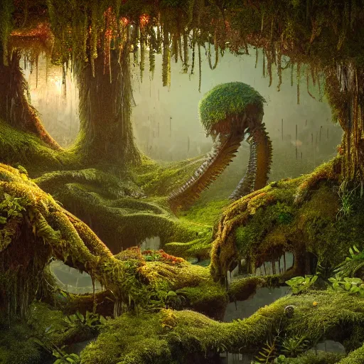 Prompt: beautiful organic macro photography of moss with alien fungus house made of imaginary plants in a swamp, architectural render, vegetal architecture, junglepunk, hyper detailed, warm volumetric lights, made by Gerald Brom and Mike Winkelmann.
