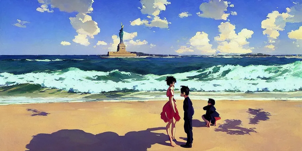 Prompt: Australian beach, statue of liberty sinking in to the water, clouds and wings and waves, by studio ghibli painting, by Joaquin Sorolla rhads Leyendecker, An aesthetically pleasing, dynamic, energetic, lively, well-designed digital art of a beach, ripples, waves, sea foam, light and shadow, ocean caustics, overlaid with aizome patterns, by Ohara Koson and Thomas Kinkade, traditional Japanese colors, superior quality, masterpiece