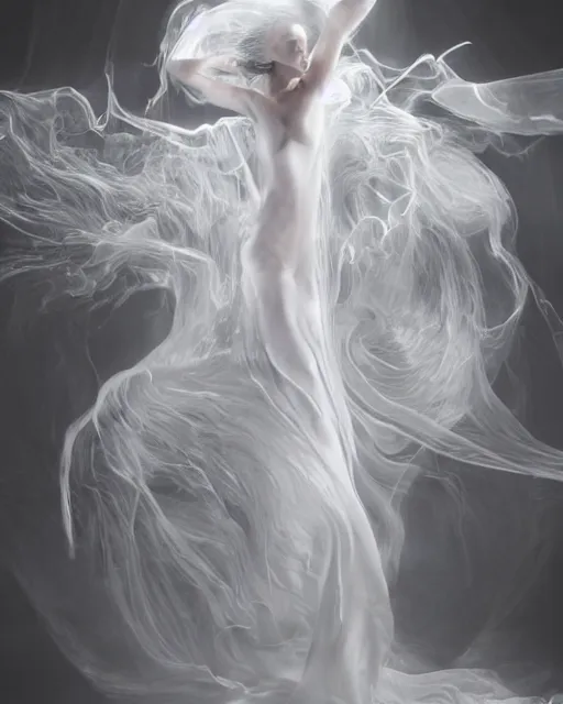 Image similar to mid shot render of an ethereal ghostlike figure fluid simulation in houdini dancing in dark smoke robes and silk veils by ilm, paolo roversi, nick knight, gill elvgren, beautiful futuristic simplified form distorted by turbulent movement, dark studio background, deep color, trending on artstation, hyperrealism, matte painting, dutch golden age, fine detail, zbrush central