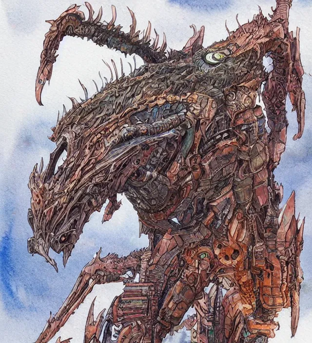 Image similar to a watercolor ink painting of a post - apocalyptic cyborg dragon in the style of jean giraud in the style of moebius trending on artstation deviantart pinterest detailed realistic hd 8 k high resolution