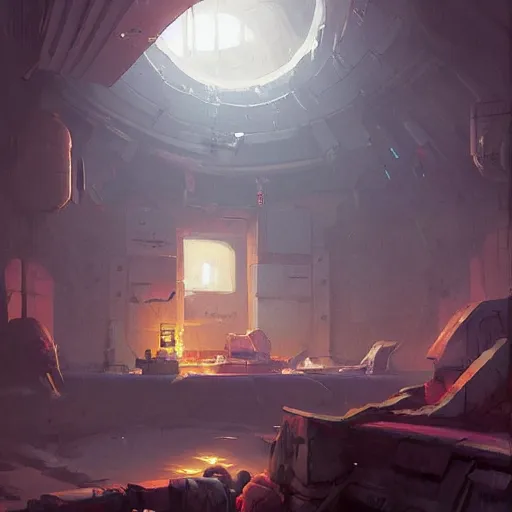 Prompt: A room inside of a sewer lair,The room is cluttered with clithes everywhere and space posters but up,bed, digital art from artstation by Andreas Rocha and Greg Rutkowski and Peter Mohrbacher