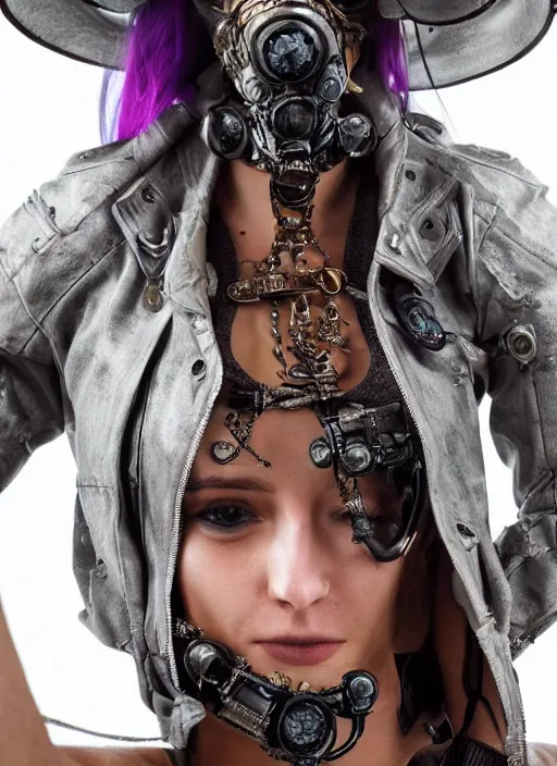 Image similar to full body photograph of a cyberpunk cowgirl beautiful face, intricate clothing, cinematic