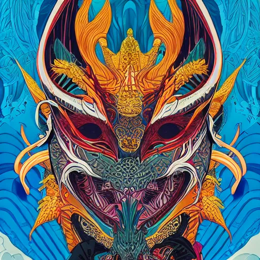 Image similar to Tristan Eaton, victo ngai, artgerm, Maximalism dragon mask