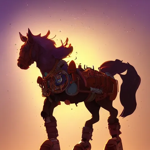 Prompt: steampunk horse, masterpiece, matte painting concept blizzard pixar maya engine on cold night stylized background splash comics global illumination lighting artstation lois van baarle, ilya kuvshinov, rossdraws