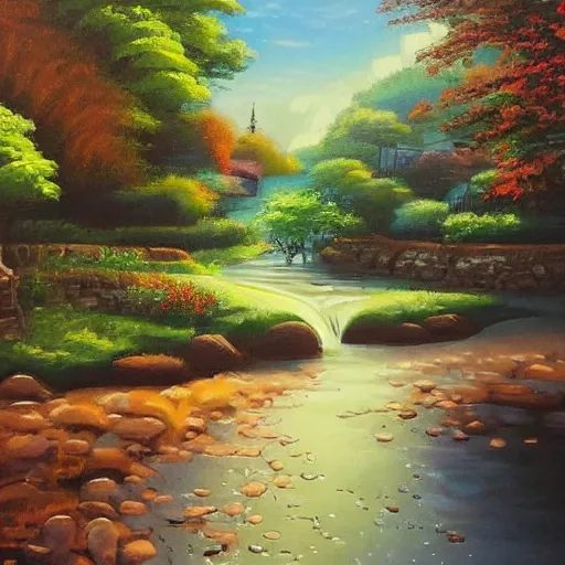 Image similar to Small cosy stream in city of the future in harmony with nature. Nice colour scheme, soft warm colour. Beautiful detailed painting by Lurid. (2022)