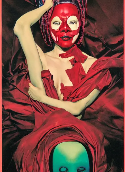 Image similar to an 8 0 s portrait of a woman with dark eye - shadow and red lips with dark slicked back hair, a mask made of wire and beads, dreaming acid - fueled hallucinations by serge lutens, rolf armstrong, delphin enjolras, peter elson, red cloth background