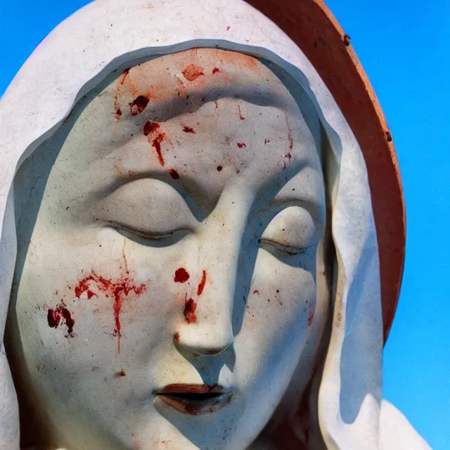 Image similar to closeup of crying white mother mary statue, pictured slightly from below, clear sky with blue clouds in background, covered in blood, vintage polaroid