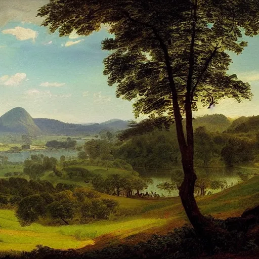 Prompt: view over a landscape of grassland and river and forest and mountains and villages and lake in brasil, morning in july 1 8 0 0, romantic impressionism, artstation, by caspar david friedrich