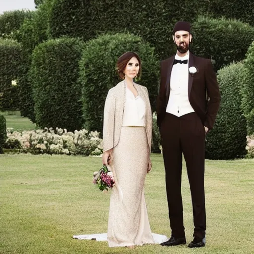 Image similar to A tall lebanese man, short well groomed beard, short hair wearing a tuxedo, next to a short turkish woman with a ponytail, slim body, brown eyes wearing a long white dress, getting married in a garden, with a majestic Ottoman palace in the background, at night, well lit sky, close up shot, luxury, luxurious wedding, Ottoman Empire era, gold, photorealistic, ultra-detailed, 4k high resolution, HDR shot