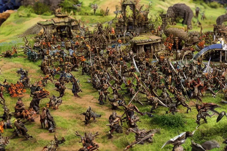 Image similar to photo taken of an epic intricate, ultra detailed miniature modular, battlefield diorama created by weta workshop, zoomed in shots focussing an army of high elves battling a horde of orcs, with highly detailed exquisitely painted 3 d printed characters, cinematic wide shot, photorealistic, sharp focus, f 0. 4, golden ratio, golden hour