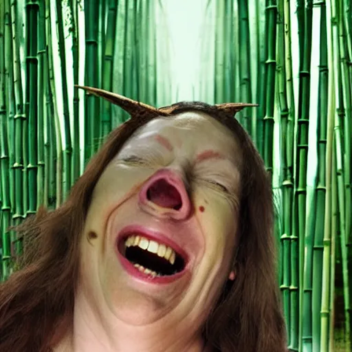 Prompt: a witch has turned her head into bamboo, standing in front of a mirror laughing