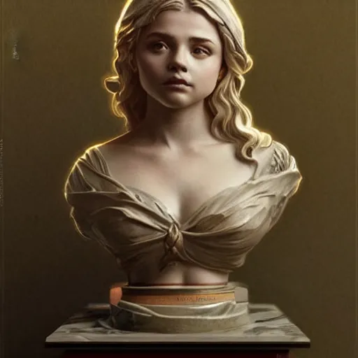 Prompt: beautiful lifelike award winning marble statue bust artistic chloe grace moretz trending on art station artgerm greg rutkowski alphonse mucha museum quality cinematic atmospheric
