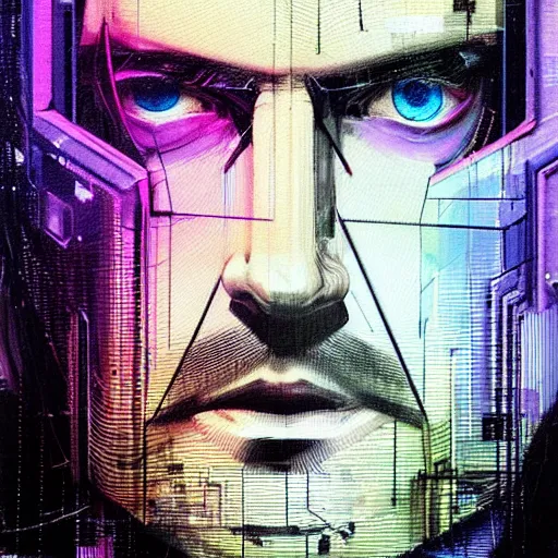 Image similar to hyperrealistic portrait of a cyberpunk character, adult man, long hair, glitch eyes, by Guy Denning, Johannes Itten, Derek Gores, Russ Mills, glitch art, smooth lines, fine detail, polished, complex, hacking effects, holographic, digital tech effects, blue and violet, color blocking!, realistic, acrylic on canvas, concept art, abstract!, symmetrical, 8k, concept art, octane, photorealistic, cgsociety, trending on artstation